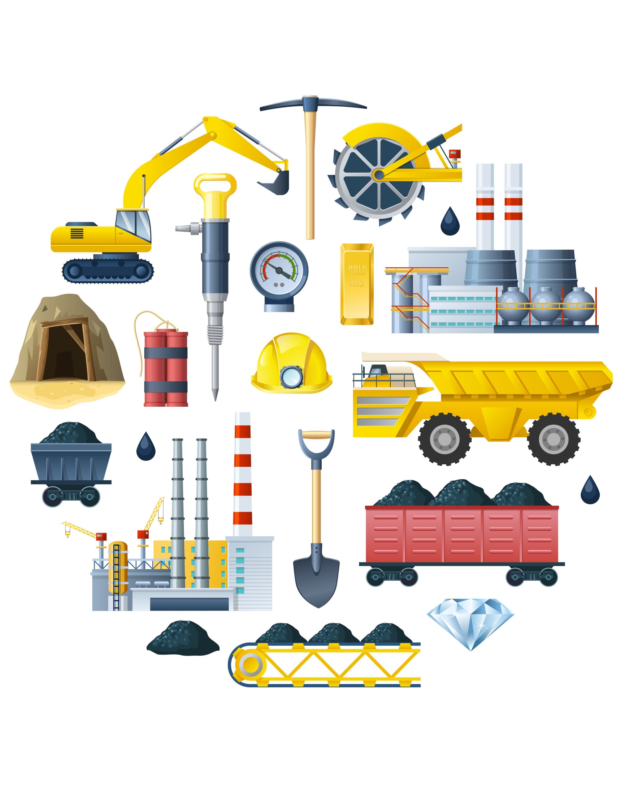 Round composition with mining industry isolated icons and decorative symbols of tools and technics flat vector illustration