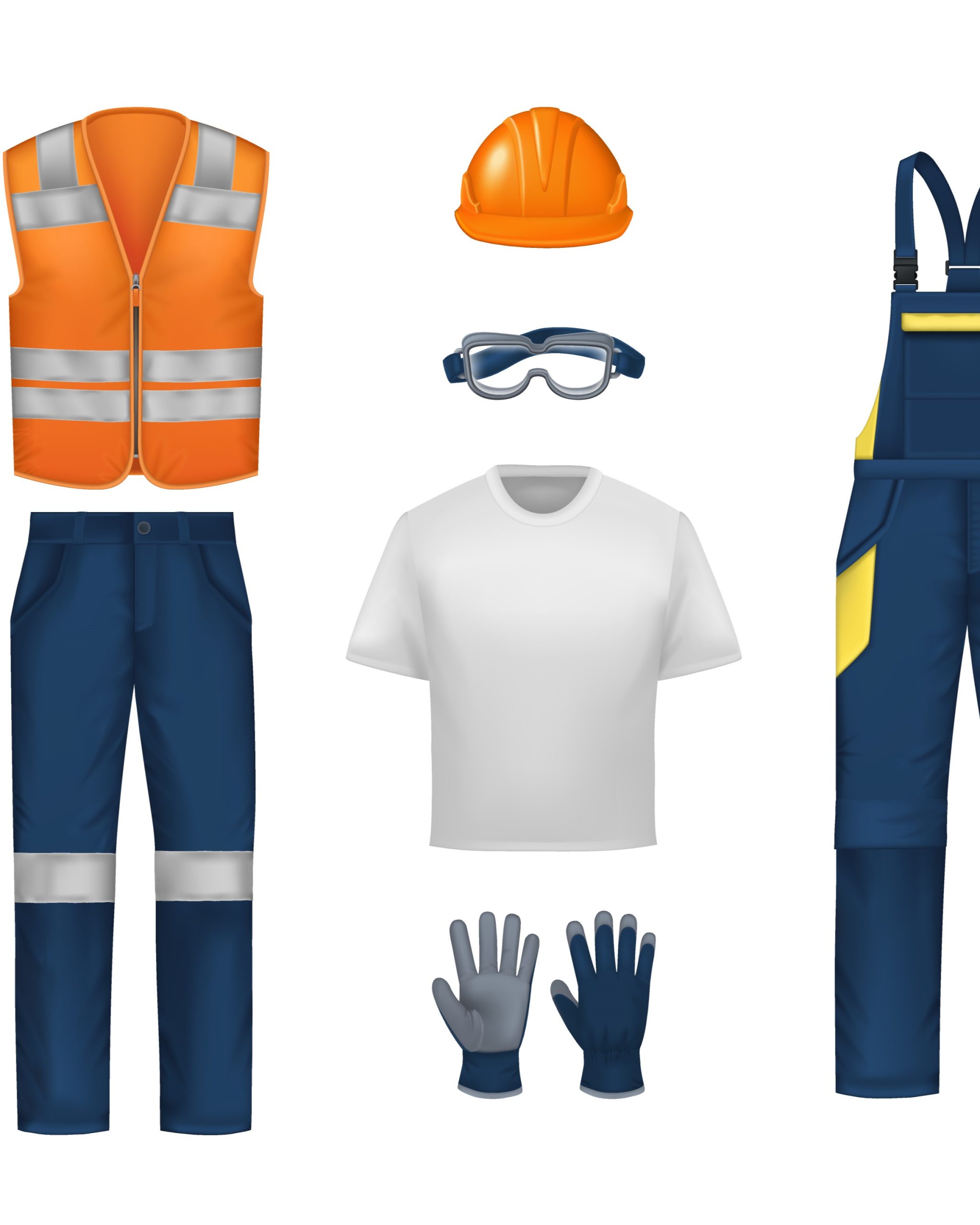 Workwear uniform realistic set with isolated icons of overall orange vest trousers protective gloves and eyeglasses vector illustration
